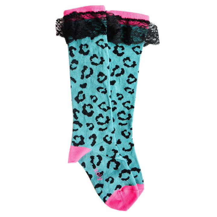 Leopard Kids Turquoise Knee Socks with Lace